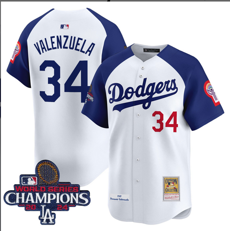 Men MLB Los Angeles Dodgers #34 Valenzuela white 2024 World Series Champions Patch Cooperstown Jersey style 2->los angeles dodgers->MLB Jersey